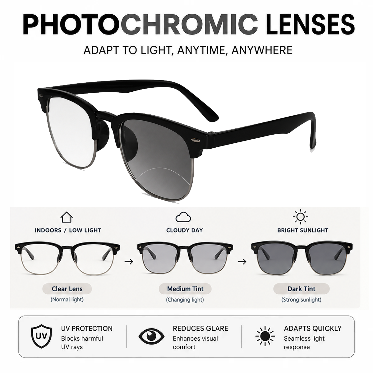 Designer Black Clubmaster Intelligent Zoom Bifocal Reading Glasses  for Men & Women (CMBF01)