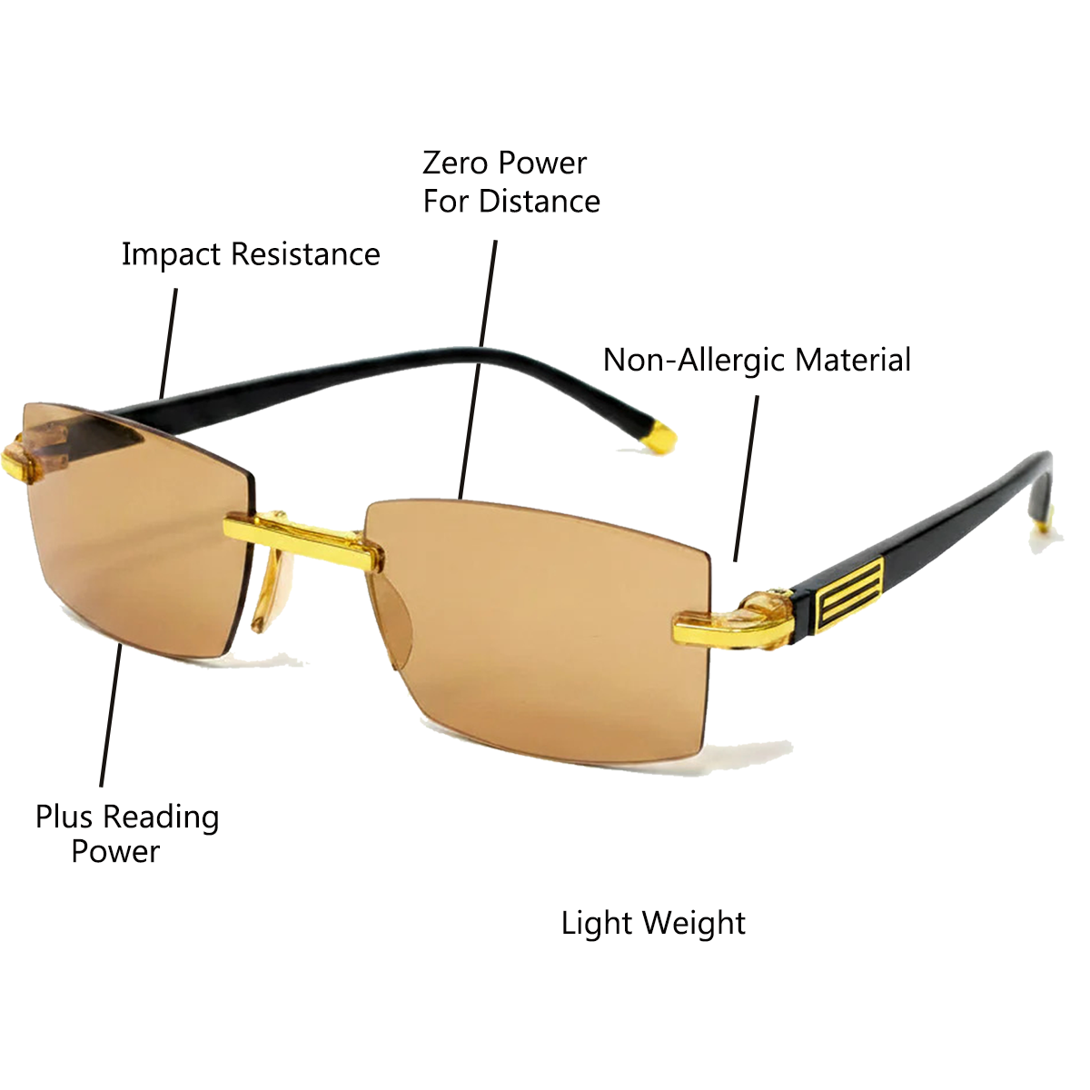 Brown Tint Bifocal Rimless Reading Glasses -3BBFTG