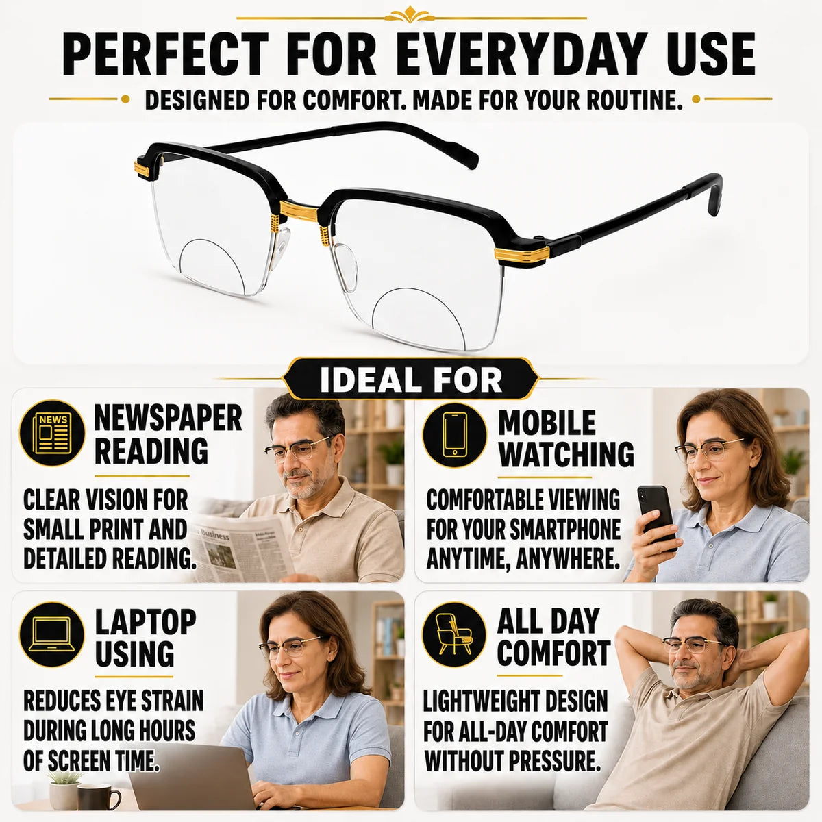 Stylish Black Golden Bifocal Reading glasses For Men and Women -3GBRG2