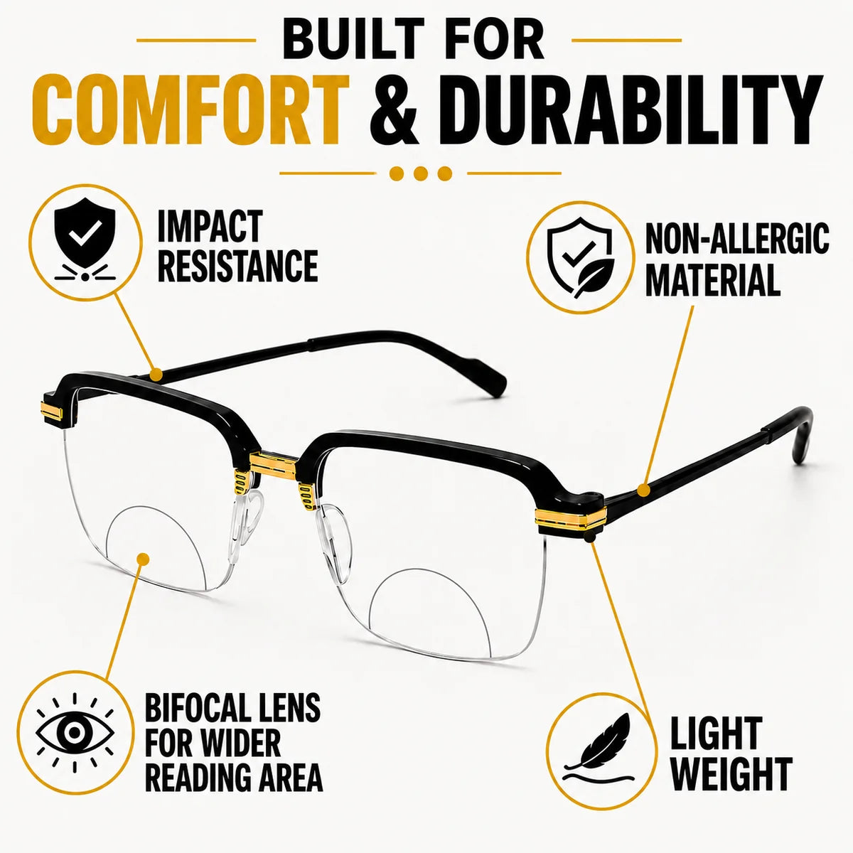 Stylish Black Golden Phothochromatic Bifocal Reading glasses For Men and Women -2PGBRG