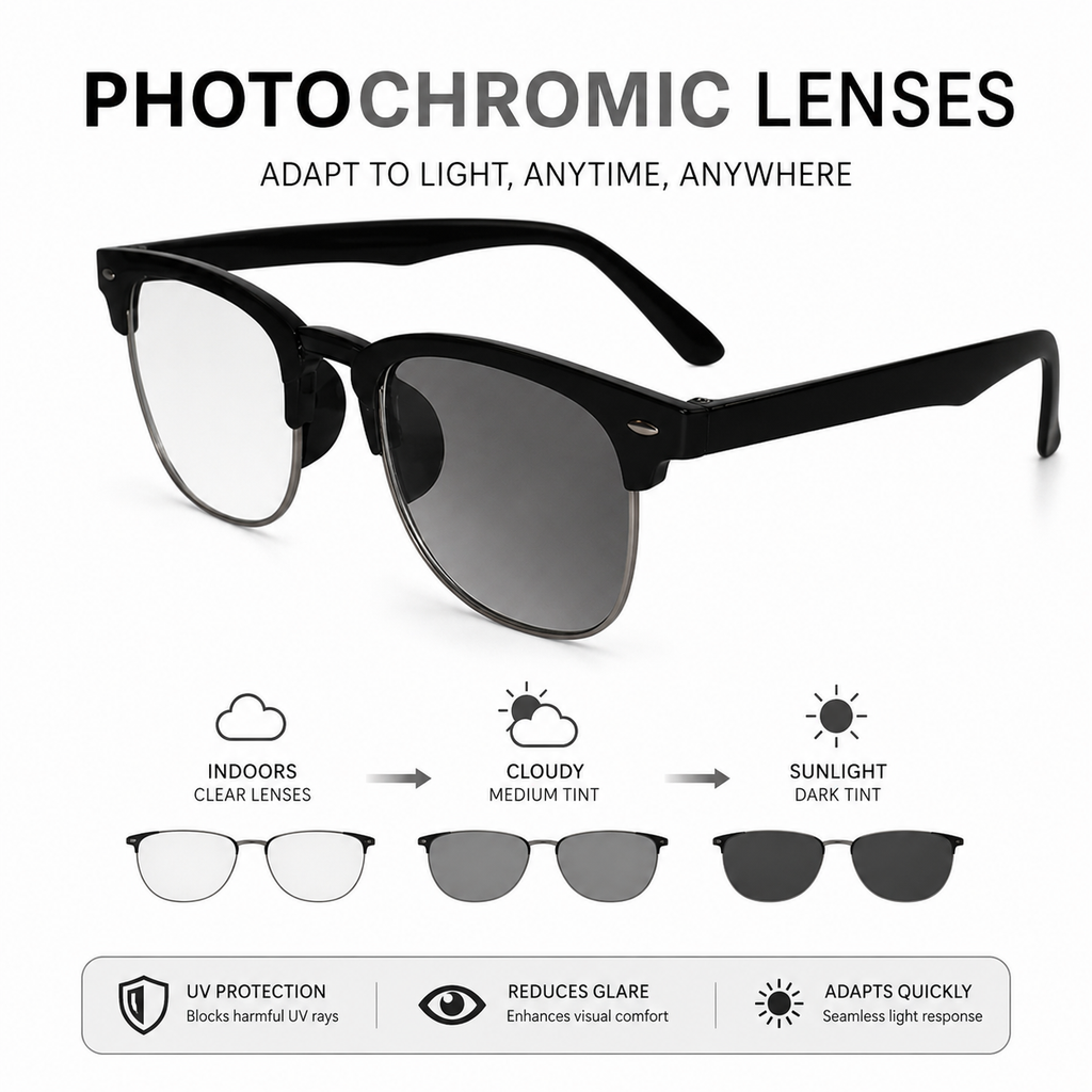 Designer Black Clubmaster Intelligent Zoom Bifocal Reading Glasses with FREE Photochromatic Reading Glasses (2PGCMBF01)