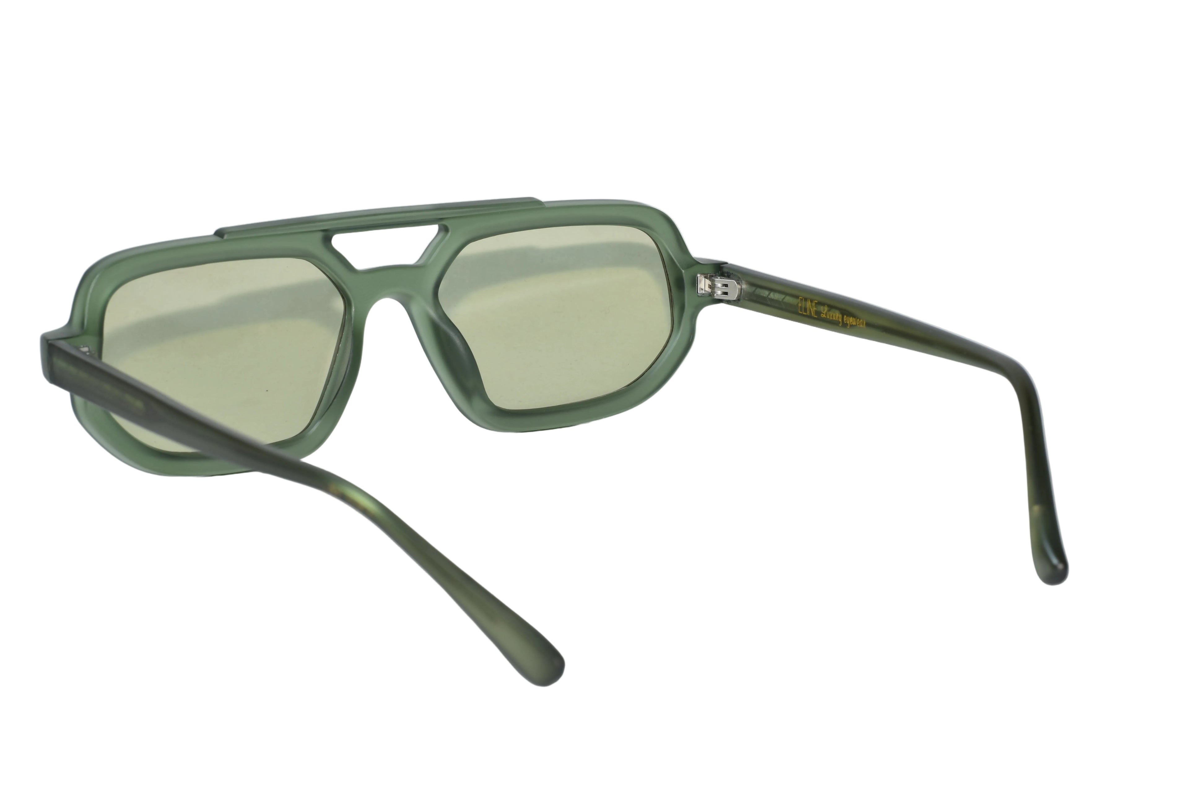 Oversized square sunglasses with a translucent olive green frame and light yellow-green tinted lenses, displayed on a clean white background.
