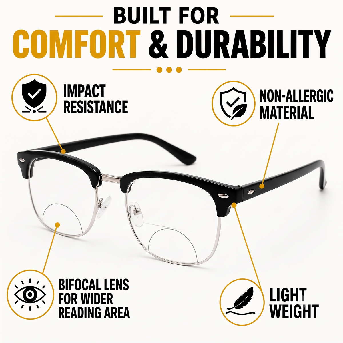 Designer Black Clubmaster Intelligent Zoom Bifocal Reading Glasses with FREE Photochromatic Reading Glasses (2PGCMBF01)