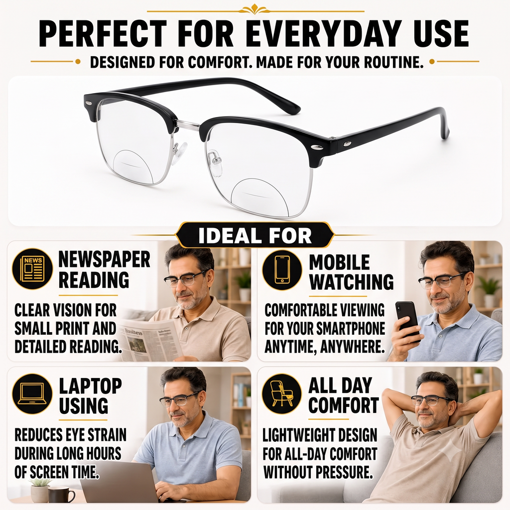 Designer Black Clubmaster Intelligent Zoom Bifocal Reading Glasses with FREE Photochromatic Reading Glasses (2PGCMBF01)