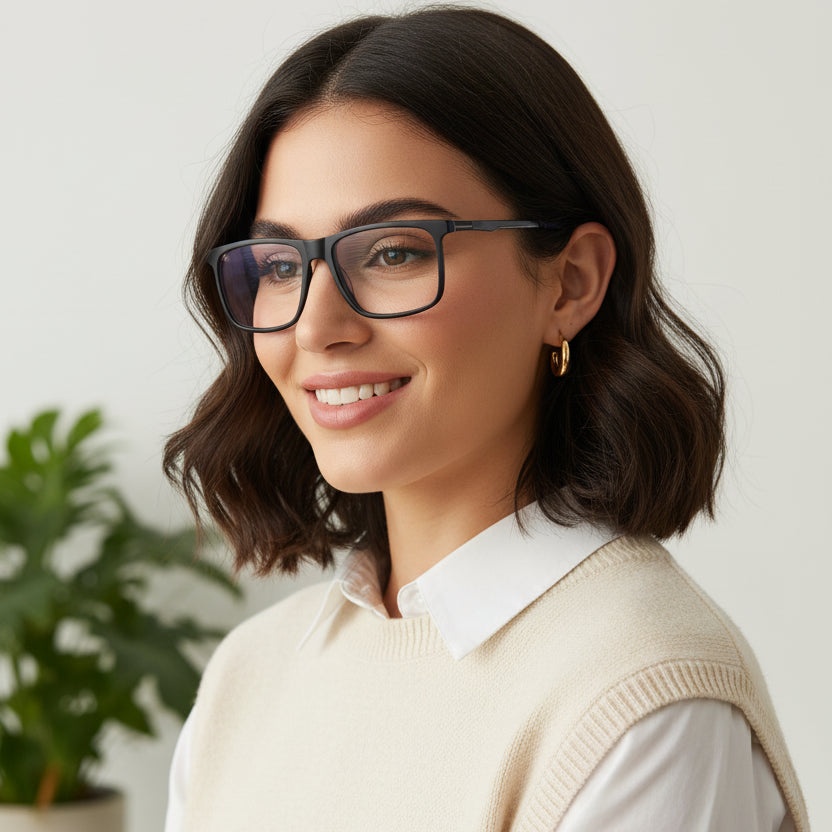 Shiny Black Acetate Rectangular Blue Cut Computer Glasses For Men & Women LKE921016-BLK