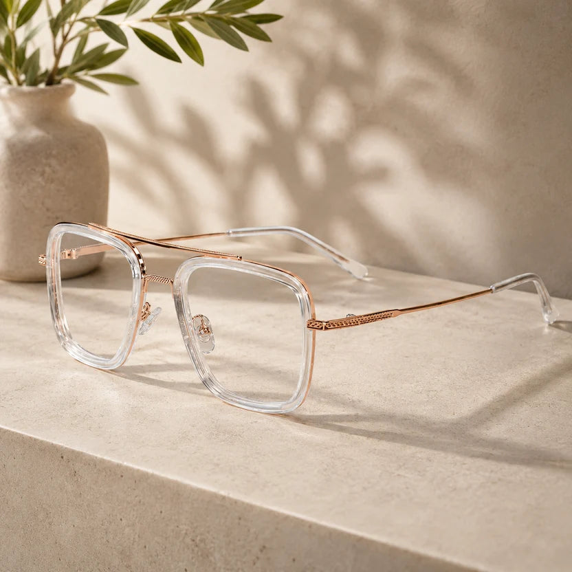 Transparent Gold Full Rim Rectangular Eyeglasses For Men LKE2229-TRANS GLD